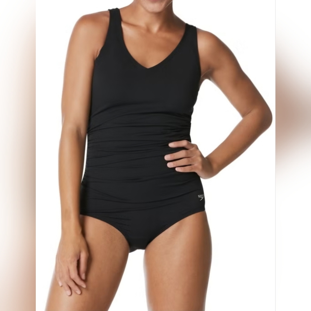 SPEEDO Side Shirred Contourback One-piece Swimsuit Size 6 Black